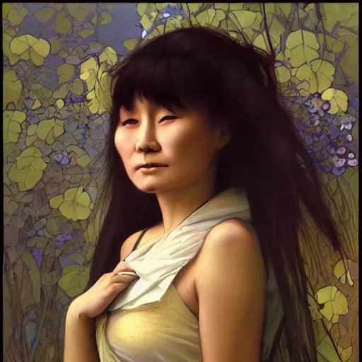 Prompt: beautiful lifelike award winning pencil illustration of the love child of yoko ono and rolly trending on art station artgerm greg rutkowski alphonse mucha museum quality cinematic atmospheric