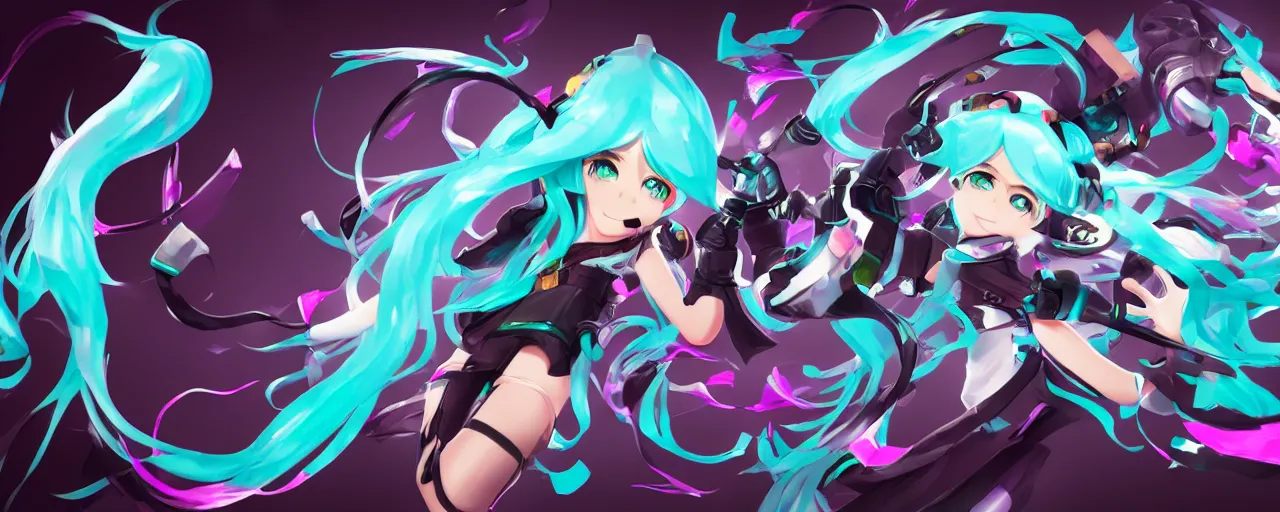 Prompt: Hatsune Miku splash art as a League of Legends character, Riot Games, digital art