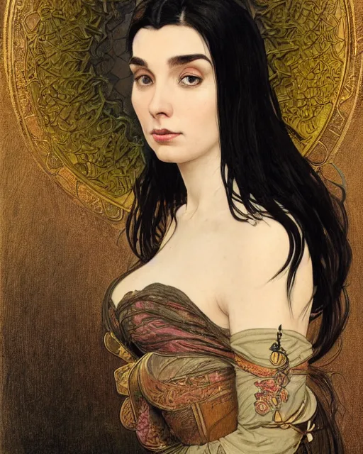 Image similar to portrait of a tall 4 0 - year - old woman with thin lips, long, voluminous black hair, and thick eyebrows, wearing in black clothes, hyper realistic face, beautiful eyes, close up, fantasy art, in the style of greg rutkowski, intricate, alphonse mucha, hyper detailed, smooth