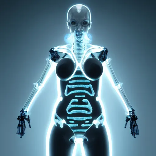 Image similar to female cyborg posing sensual figure x - ray, skeletal, glowing veins under translucent skin, highly detailed skin, bioluminescent, plasma, greg rutkowski, 8 k trending on artstation