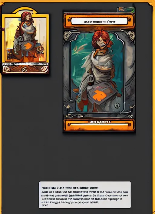 Image similar to character concept art with trading card ui and ornate border frame