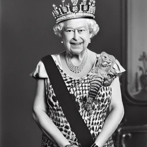 Prompt: the queen of england as reptile, reptilian eyes