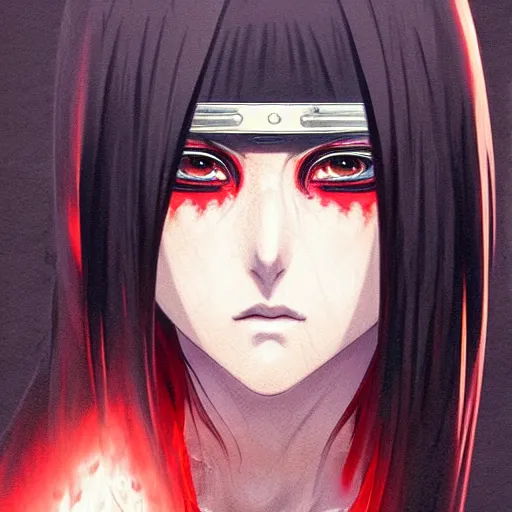 Prompt: itachi uchiha, red glowing eyes, intricate, elegant, highly detailed, portrait, digital painting, artstation, concept art, smooth, sharp focus, illustration, art by artgerm and greg rutkowski and alphonse mucha