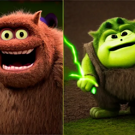 Image similar to ryan reynolds godzilla yoda donkey kong pikachu yeti shrek super mario homer groot waluigi darth vader mike wazowski, highly detailed, extremely high quality, hd, 4 k, 8 k, professional photographer, 4 0 mp, lifelike, top - rated, award winning, cinematic, realistic, detailed lighting, detailed shadows, sharp, no blur, edited, corrected, trending