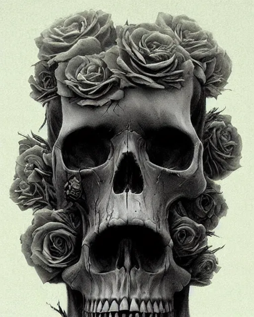 Image similar to skull surrounded by black roses, fog, cinematic shot, denis villeneuve movie still, wayne barlowe concept art, detailed, very coherent, vintage, masterpiece by emil melmoth