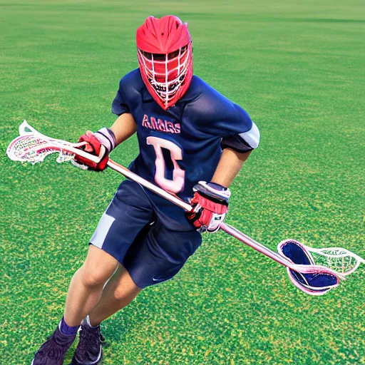 Image similar to lacrosse player, soccer field, cascade helmet, realistic, running, very detailed, 8k, high resolution, ultra realistic, no grain, symmetry, normal proportions, sports illustrated style, Cascade XRS Custom Lacrosse Helmet, brine lacrosse stick, Brine Lacrosse King V Gloves, normal feet, Nike Alpha Huarache 7 Elite, STX Surgeon 700 Lacrosse Arm Guards