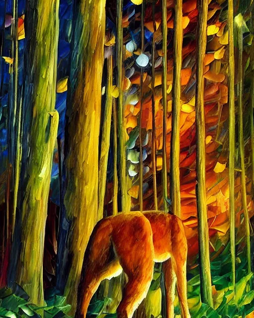 Image similar to cougar in forest at night, shot from drone, grainy, artwork by leonid afremov