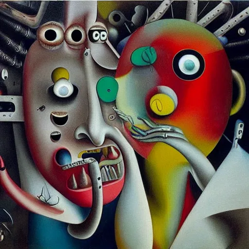 Prompt: Oil painting by Roberto Matta. Strange mechanical beings kissing. Close-up portrait by Takashi Murakami. Yves Tanguy. Dali.