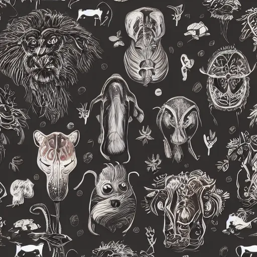 Image similar to animals and plants on a black background, wallpaper, Illustration, Anatomical Drawing, Painting