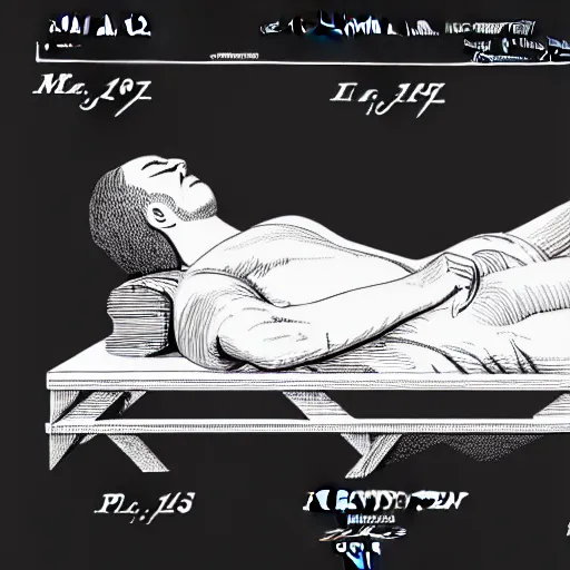 Prompt: sleeping man as a patent drawing. looking at camera. technical drawing. mathematical.