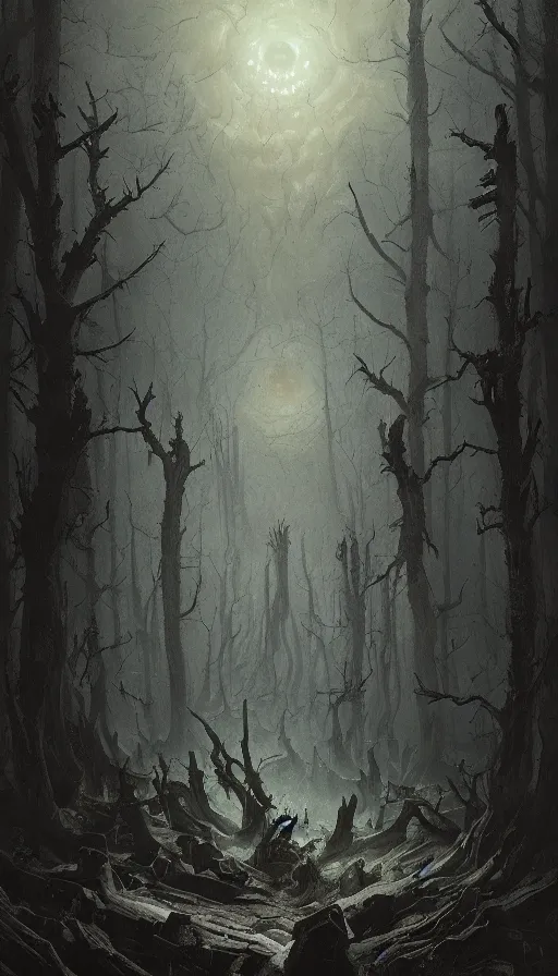 Prompt: a storm vortex made of many demonic eyes and teeth over a forest, by greg rutkowski