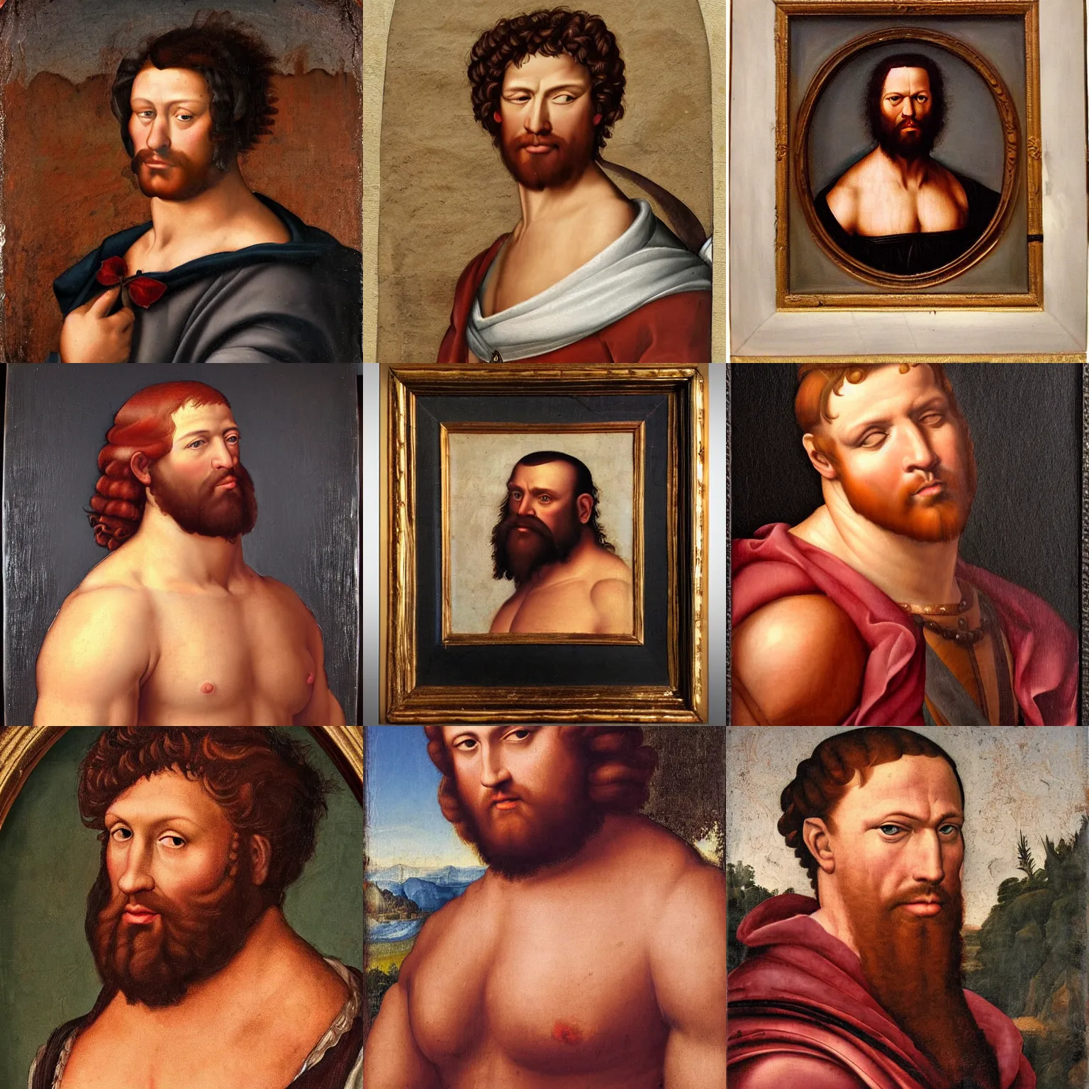 Prompt: painted renaissance portrait of a burly muscular man with dark red curled hair, very detailed, smooth, clean, polished, epic