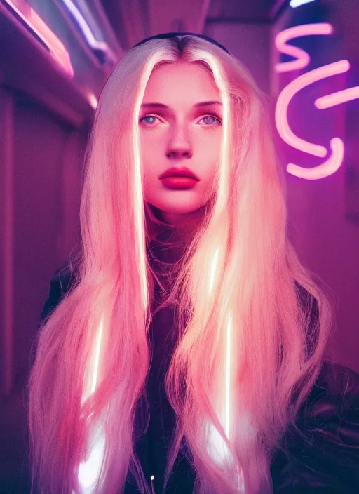 Prompt: A hyper realistic and detailed head portrait photography of futuristic strawberry-blonde youthful female in futuristic clothing on a futuristic street. by Annie Leibovitz. Neo noir style. Cinematic. neon lights glow in the background. Cinestill 800T film. Lens flare. Helios 44m