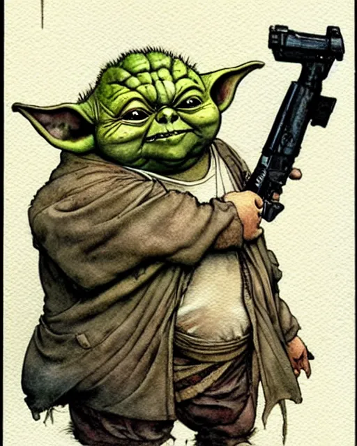 Prompt: a realistic and atmospheric watercolour fantasy character concept art portrait of a fat adorable dirty chibi yoda wearing a wife beater and holding a handgun, by rebecca guay, michael kaluta, charles vess and jean moebius giraud