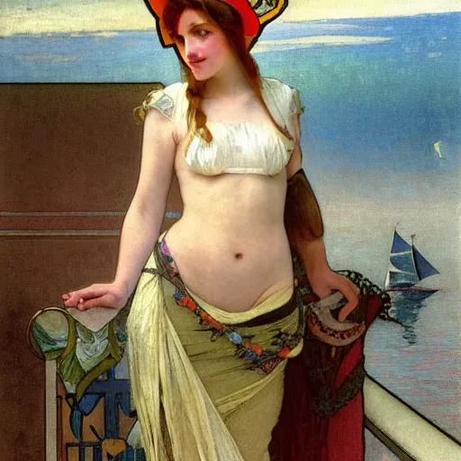 Image similar to A girl with jester hat and clothes on a greek archi circle on the front of a Balustrade with a beach and a sail boat on the background, major arcana cards, by alphonse mucha and arnold böcklin arnold böcklin arnold böcklin, paul delaroche, hyperrealistic 8k, very detailed