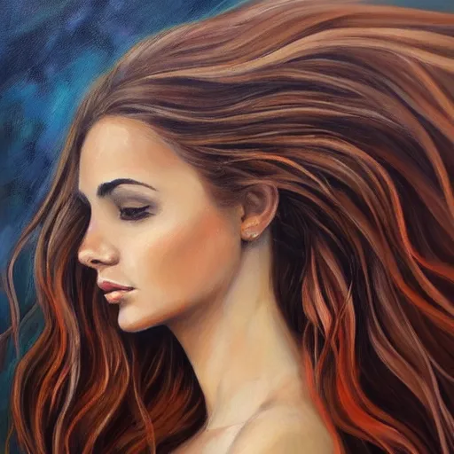 Image similar to side profile of a beautiful woman with long flowing hair, nature elements, painting by dimitra Milan.