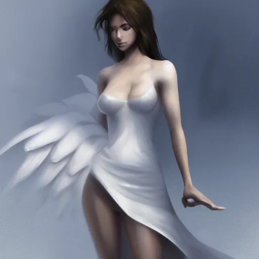 Image similar to a concept art drawing of a beautiful female angle in a white dress on a dark steamy background, spreading her wings, symmetry features, soft painting, volumetric light, fog, fantasy background, artstation, detailed, award winning