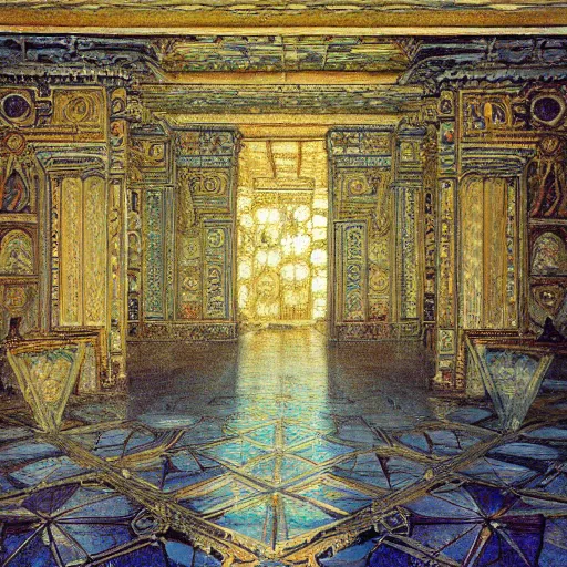 Image similar to a painting of a throne room , tiled floor a raytraced image by Mikalojus Konstantinas Čiurlionis, by Edward Okun, Gustave Moreau , metaphysical painting, hall of mirrors, Hungarian,ominous, dark, concept art