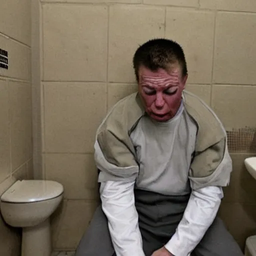 Prompt: a disheveled Donald Trump crying profusely in prison clothing sitting on a toilet in prison. wide angle. The floor is covered in garbage. candid photograph.