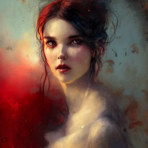 Prompt: Rien Poortvliet and Jean-Baptiste Monge and Solomon Joseph Solomon and Richard Schmid and Jeremy Lipking victorian genre painting portrait painting of a young beautiful woman marverl DC comic book character fantasy costume, red background