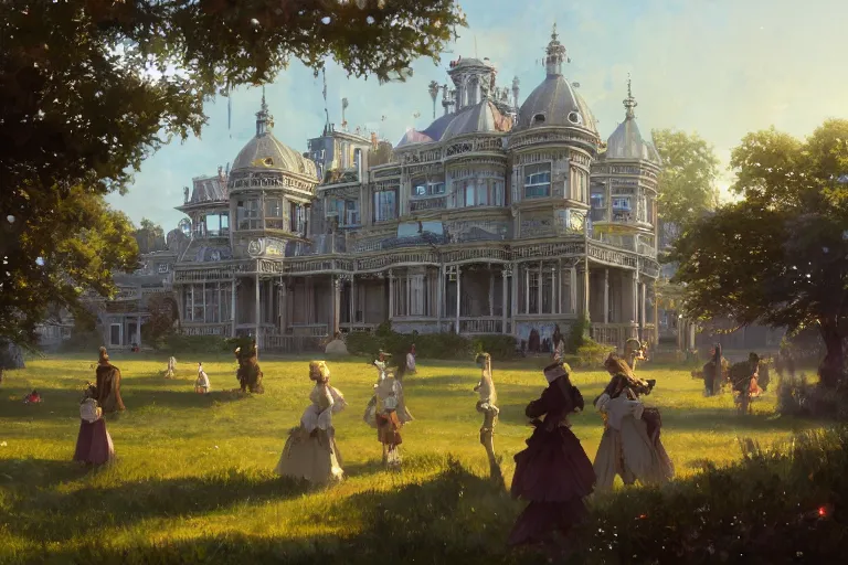 Image similar to an ornate victorian palace, party in front, scene in an open field. 1 8 9 0, key visual, conceptart, ambient lighting, highly detailed, digital painting, artstation, concept art, sharp focus, by makoto shinkai and akihiko yoshida and greg manchess