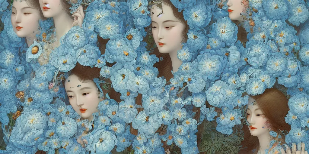 Prompt: breathtaking detailed concept art painting art deco pattern of faces goddesses amalgamation light - blue flowers with anxious piercing eyes and blend of flowers and birds, by hsiao - ron cheng and john james audubon, bizarre compositions, exquisite detail, extremely moody lighting, 8 k