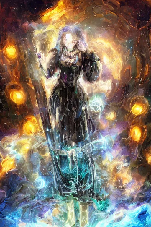 Image similar to Path of Exile, Maven, blue eyes female image with silver purple hair among colourful lights, dark blue spheres fly around, Anachronism, painting, dark fantasy, steampunk, 4k