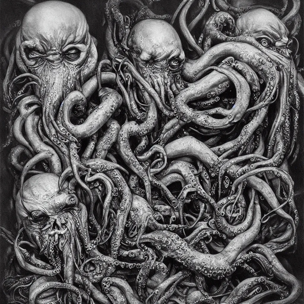 Image similar to super detailed studio portraits of innsmouth dwellers, innsmouth ocean - dwellers, mutant, fishmen, lovecraftian, cthulhu, hp lovecraft style, artistic photo, leviathan, octopus, noir, monochrome, dark atmosphere, commercial photography, fine art, daguerreotype, beksinski style