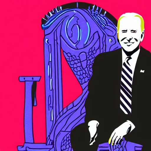 Image similar to joe biden sitting on a dark throne with red glowing eyes in vaporwave style by mad dog jones