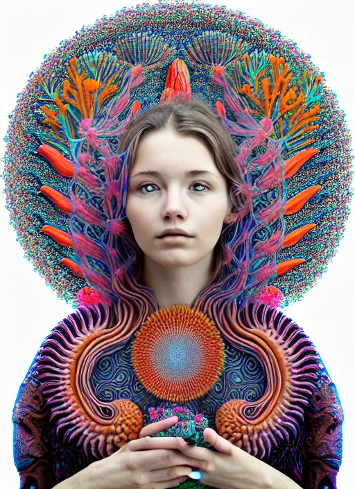 Image similar to ridiculously beautiful young woman thinking, psychedelics, nature, coral, birds, symmetrical, in the style of ernst haeckel, effervescent, sacred geometry, warm, surrealism, photo realistic, epic and cinematic,