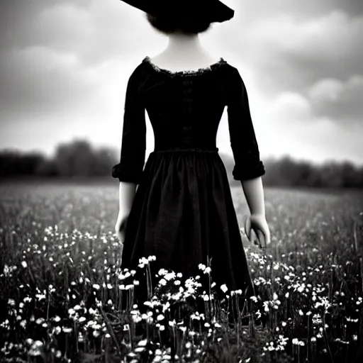 Prompt: a girl standing in a field, alone, wearing black dress and hat, doll in hand, detailed hands, by andrea kowch, dark, scene, magic realism, flowers