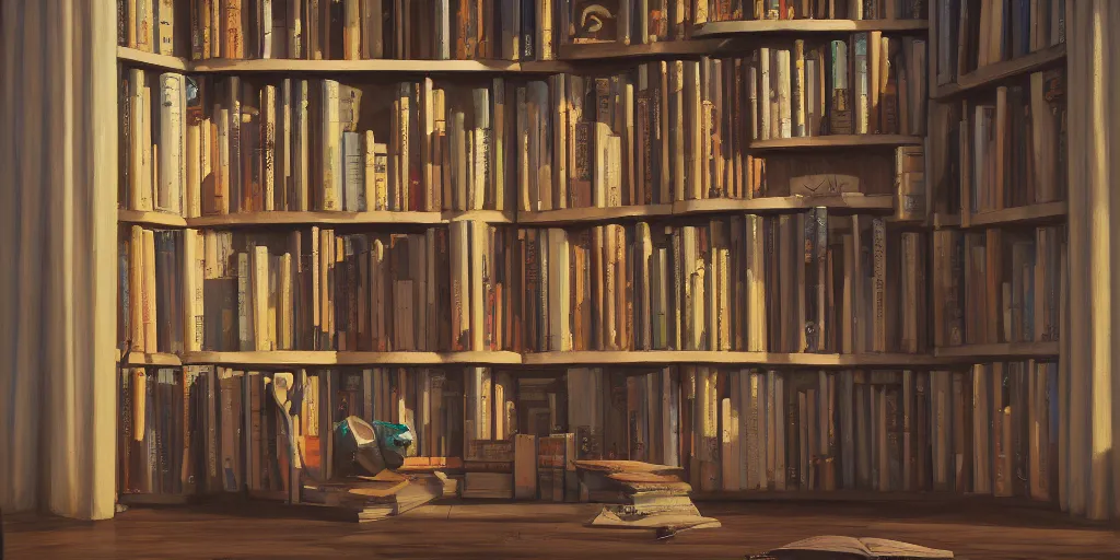 Prompt: a bookshelf, cinematic angle, extremely detailed oil painting, unreal 5 render, rhads, bruce pennington, studio ghibli, tim hildebrandt, digital art, 8 k artistic photography, octane render, beautiful composition, trending on artstation, award - winning photograph, masterpiece