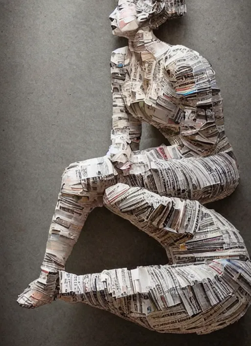 Image similar to a portrait of a beautiful young woman paper mache wrapped and made of newspaper, sitting relax and happy, marble stairs on the the backgroundhyper realistic, 8 k,