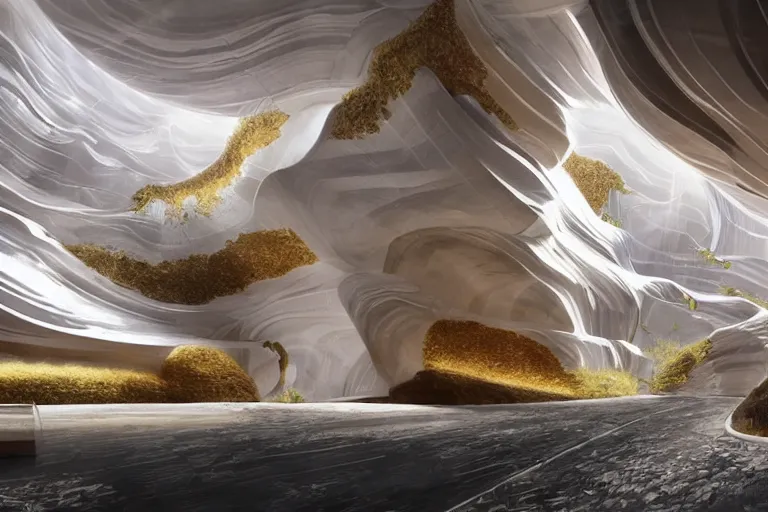 Prompt: modern chic futuristic luxurious house with white and gold intricate details, luxurious, located on Antelope canyon, rocks formed by water erosion, walls made of beautiful smooth sandstone with light beams that shine through, polish narrow slots of walls into a striated swirling finish, digital painting, concept art, smooth, sharp focus, from Star Trek 2021, illustration, by WLOP and Ruan Jia and Mandy Jurgens and William-Adolphe Bouguereau, Artgerm