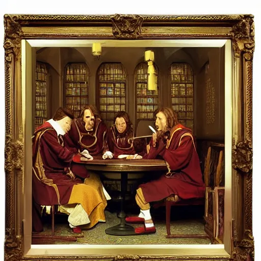 Image similar to gryffindor common room scene, harry potter, gryffindor, by jean - leon gerome, otto pilny, adrien henri tanoux, giulio rosati, orientalism painting