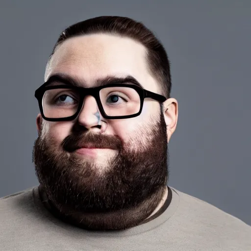 Prompt: overweight bearded man with manbun and glasses