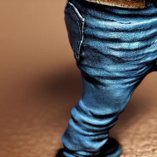 Image similar to perfectly accurate miniature figure of pepe the frog wearing jeans and a black leather jacket, soft textures, skin texture, clothing, 3d sculpture, textured, fine detail, lifelike, photo, high resolution, octane render, post processing, after effects, trending on artstation