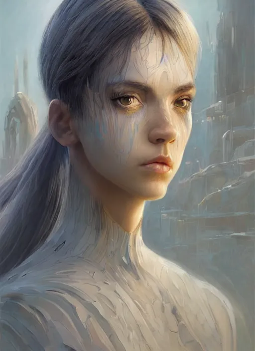 Image similar to a professional painting of a beautiful young female alien, clothed in ethereal armor, olive skin, long dark hair, beautiful bone structure, symmetrical facial features, intricate, elegant, digital painting, concept art, smooth, sharp focus, illustration, from Valerian and the City of a Thousand Planets, by Ruan Jia and Mandy Jurgens and Artgerm and William-Adolphe Bouguerea