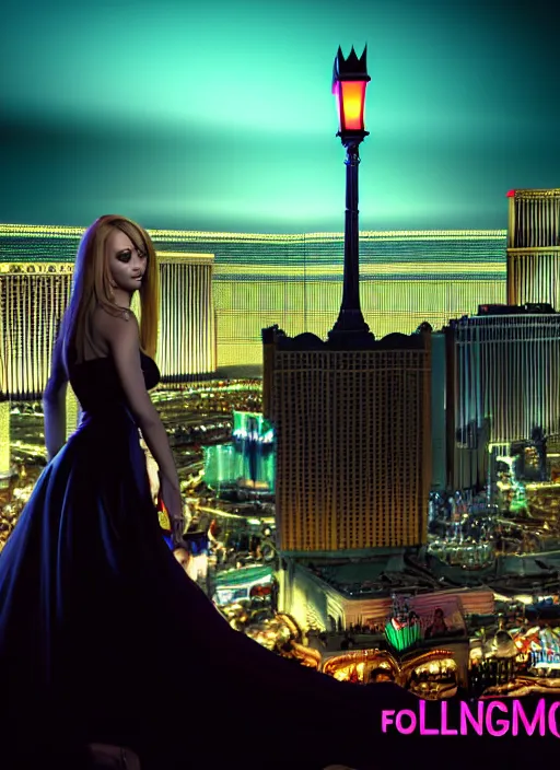 Prompt: full body portrait, vampire queen in background of las vegas at night, highly detailed, CGsociety, subtle, concept art, HDR, hyper realistic, volumetric lighting, subsurface scattering, unreal