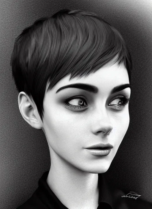 Image similar to up close portrait of a beautiful woman in black and white, photorealistic, pixie cut, intricate hair, upper body, art by diego fazio and diegoKoi and oscar Ukono, concept art, sharp focus, artgerm, 8k highly detailed