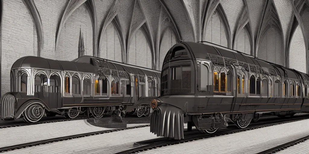 Image similar to streamline train that looks like gothic cathedral church, warhammer emperium style, gothic locomotive, art Deco, retro, steel gothic streamline style, octane render