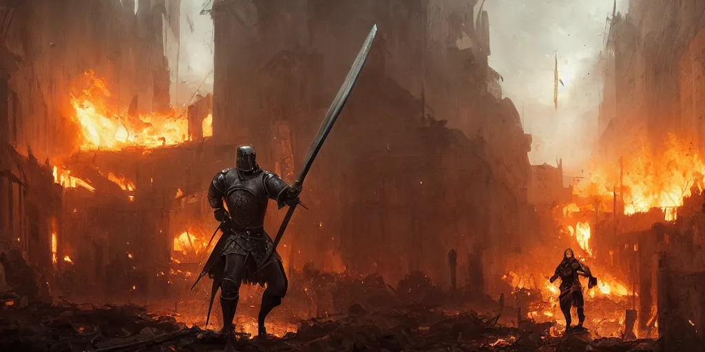 Image similar to a painting of a cinematic keyframe of a medieval knight warrior with his sword walking into a destroyed medieval town, with fire by greg rutkowski, rule of thirds, golden ratio, ambient lighting, wlop, artgerm, artstation, highly detailed masterpiece, dark fantasy art, high detail, trending on artstation