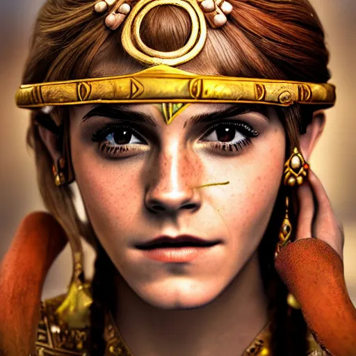 Image similar to Emma Watson modeling as Urbosa from Zelda, (EOS 5DS R, ISO100, f/8, 1/125, 84mm, postprocessed, crisp face, facial features)