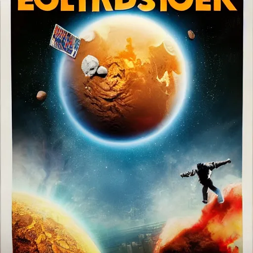 Image similar to Film publicity poster for comic-disaster movie of Earth being stuck by asteroid