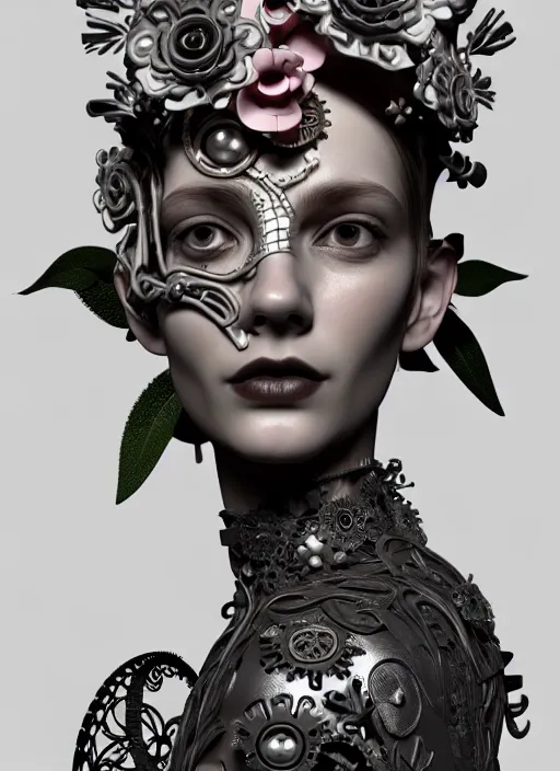 Image similar to monochrome 3 d model, floral steampunk biomechanical beautiful young female cyborg with porcelain profile face and a big floral eye, volumetric light, leaves foliage and stems, hibiscus flowers, boho floral vines, sinuous fine roots, fine foliage lace, alexander mcqueen, rim light, big gothic pearl embroidered collar, octane render, 8 k