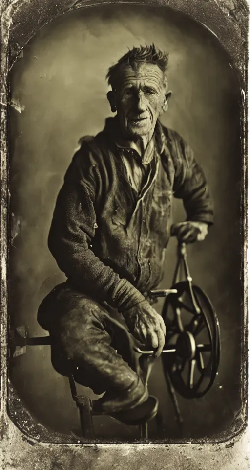 Prompt: a wet plate photograph, a portrait of a wheelwright