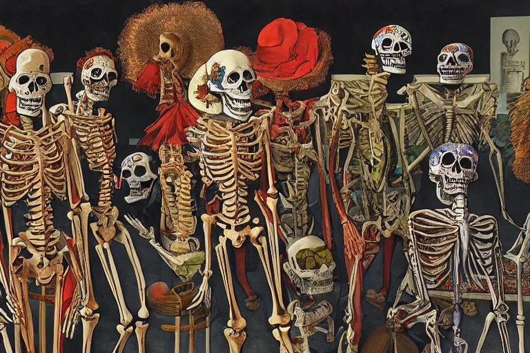 Image similar to scene from exhibition at the museum of modern art, day of all the dead, skeletons, artwork by jean giraud