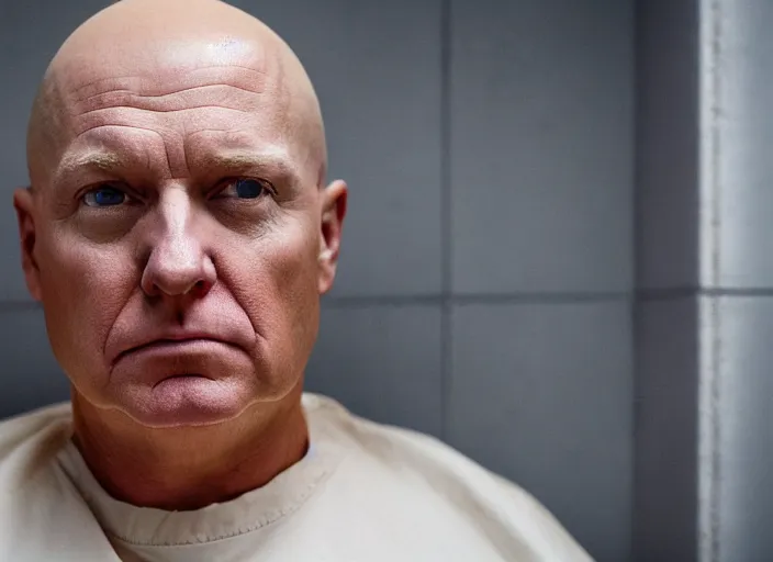 Image similar to photo of bald!!! donald trump!!! shaved head no hair!!! no hair!!! sitting in a jail cell wearing an orange jumpsuit, defocused bars in the foreground, 8 k, 8 5 mm f 1. 8