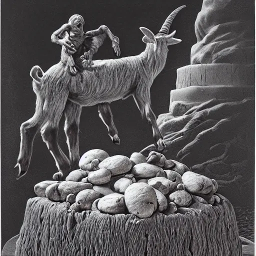 Image similar to a goat's birthday cake, from the terrifying and incomprehensible beyond, body horror, by gerard brom, zdzisław beksinski and ansel adams