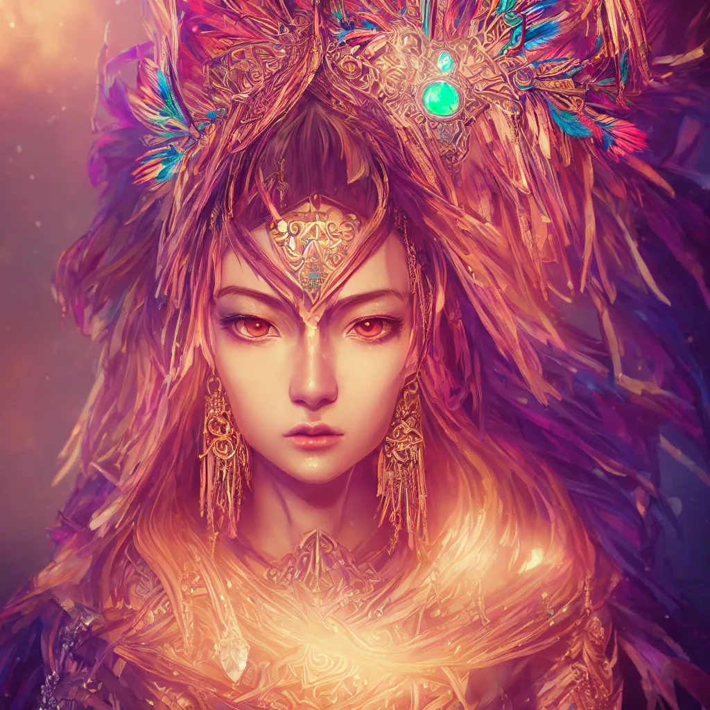 Prompt: portrait highly detailed beautiful symmetrical face high priestess intricate elegant detailed crystal jewellery with tribal feathers, lush colourful volumetric lighting, anime digital painting, concept art, smooth, sharp focus 3 d, divine realm of gods, realistic cinematic style, octane render, photographic, unreal engine 8 k